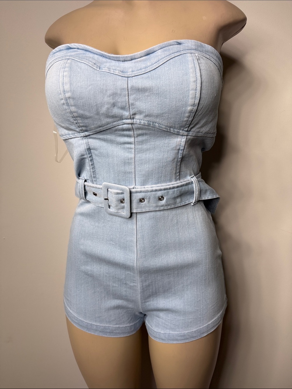 Strapless Light Blue Denim Romper with Belt